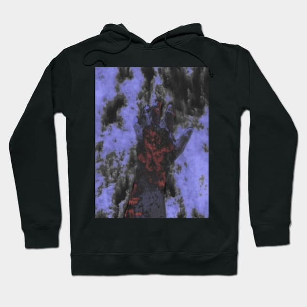 Digital collage and special processing. Psychedelic. Hand reaching on top of some bizarre surface. Falling apart. Desaturated. Hoodie by 234TeeUser234